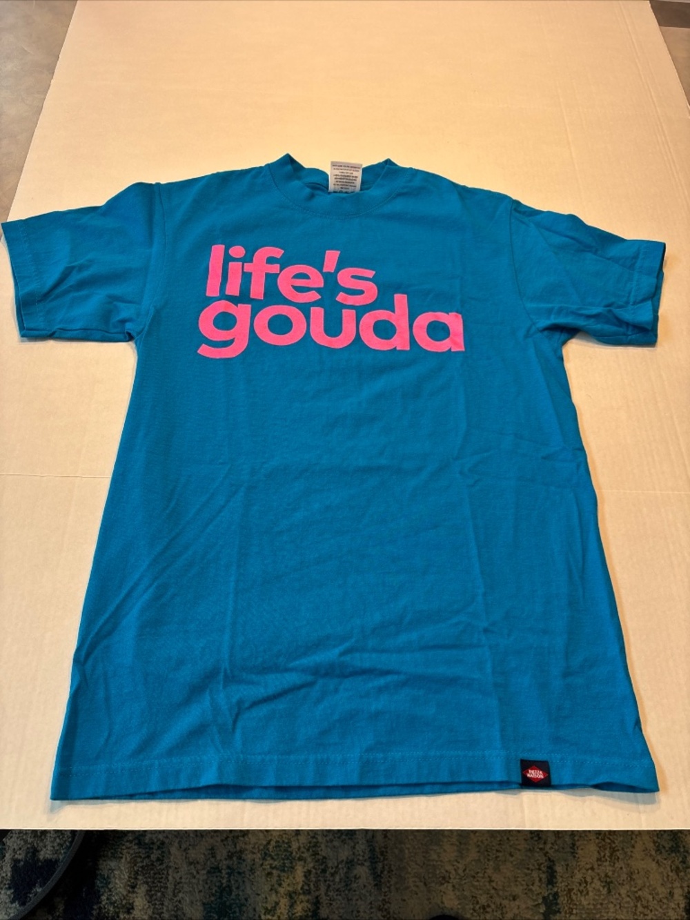 "Life's Gouda" novelty tee shirt, size M, bright teal